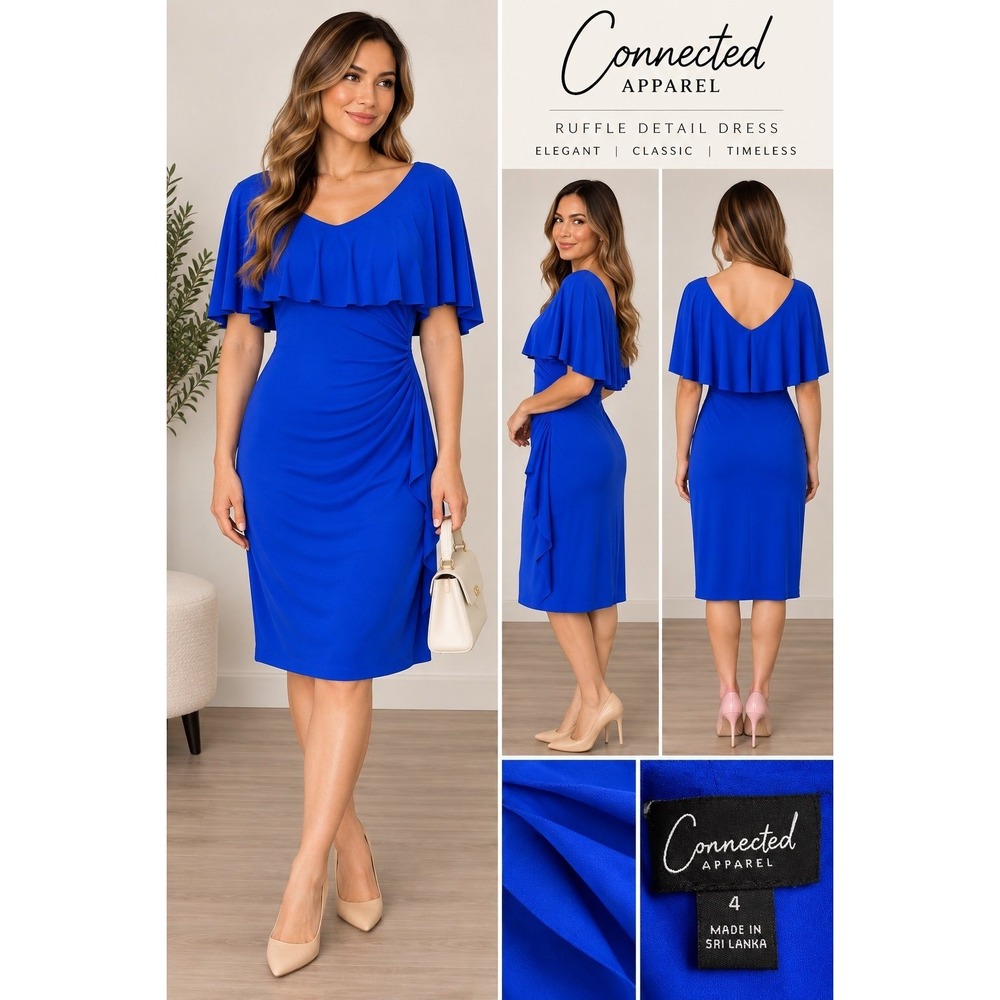 Connected Apparel Royal Blue Ruffle Detail Sheath Dress T1311008M Size 4